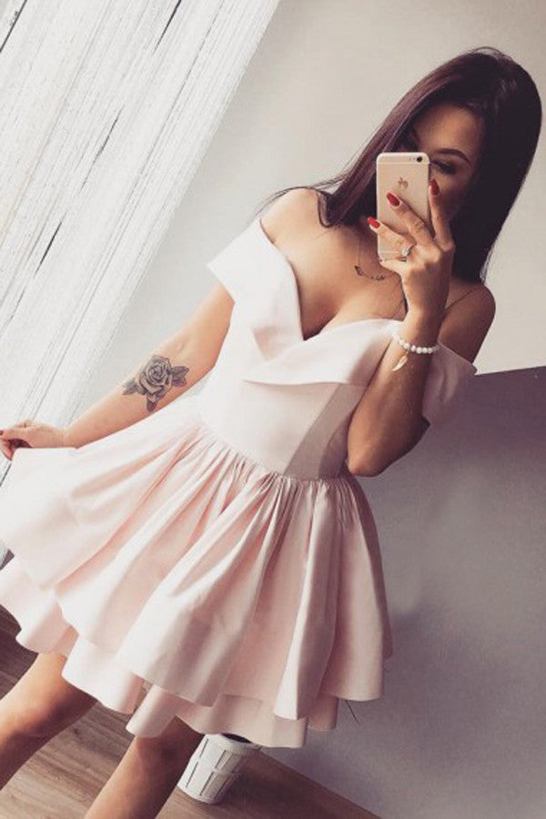 Light Pink Deep V Neck Short Prom Dress,Off Shoulder Ball Gown Homecoming Dress,Party Dress