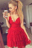 Red Deep V Neck Short Prom Dress,Spaghetti Straps Ruffles Cheap Homecoming Dress,Party Dress SH180