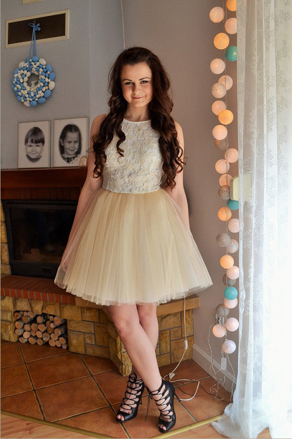 Ivory Boat Short Prom Dress,Layers Tulle Appliques Cheap Homecoming Dress,Party Dress