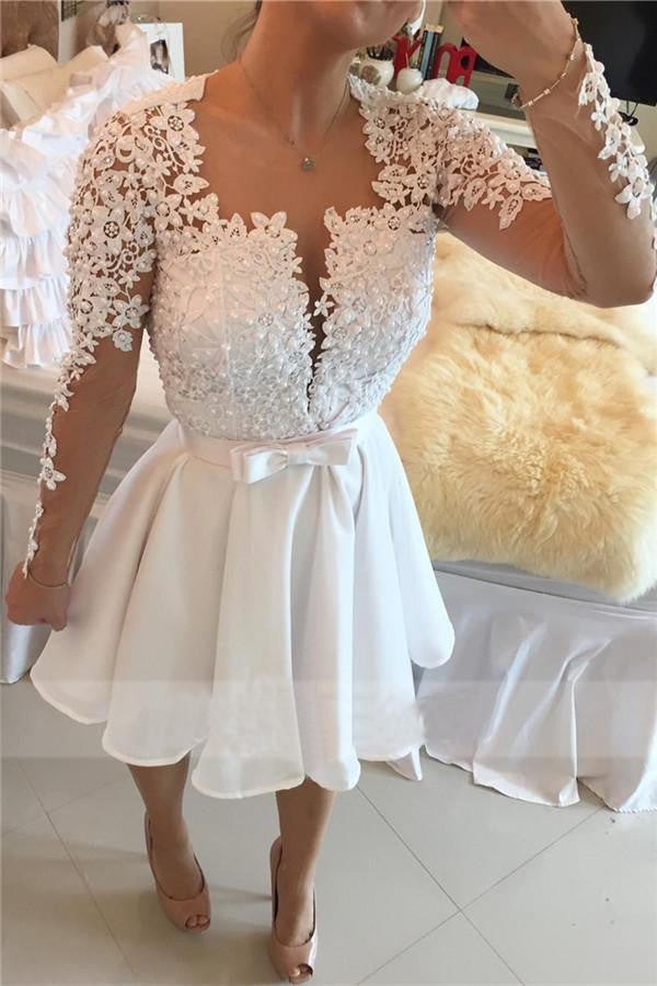 White Deep V Neck Long Sleeve Short Prom Dress,Pearl Beaded Keyhole Back Appliques Sheer Cheap Homecoming Dress