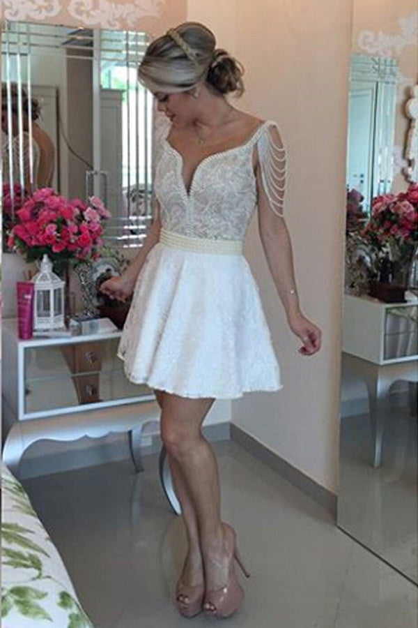 White Deep V Neck Sleeveless Short Prom Dress,Pearl Beaded Open Back Appliques Sheer Cheap Homecoming Dress
