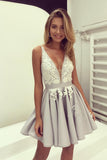 Light Lavender Deep V Neck Short Prom Dress,Sleeveless Appliques Pleats Cheap Homecoming Dress,Party Dress