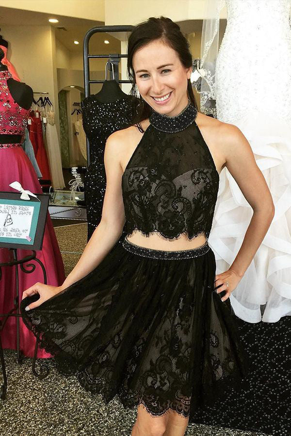 Black Two Piece Halter Short Prom Dress,Lace Appliques Open Back Cheap Homecoming Dress,Party Dress