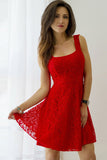 Red Square Sleeveless Homecoming Dress,V Back Lace Up Appliques Short Prom Dress, SH229