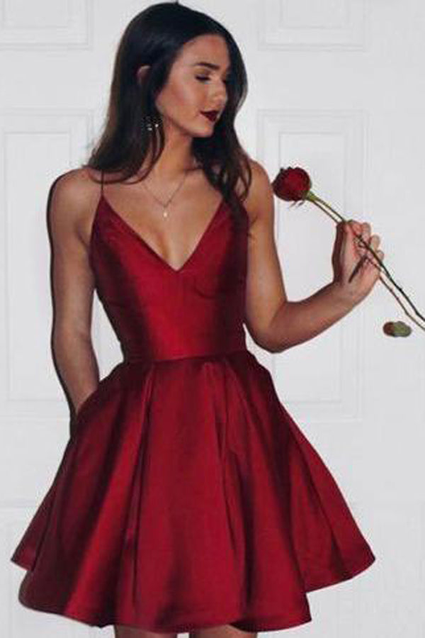 Burgundy Taffeta A-line V-neck Spaghetti Strap Homecoming Dress, SH254 | Simidress