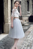 Two Pieces Half Sleeves Lace Homecoming Dresses Short Prom Dresses, SH26