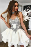 White Satin Mini A-Line Round Neck Homecoming Dress with Appliques, SH291