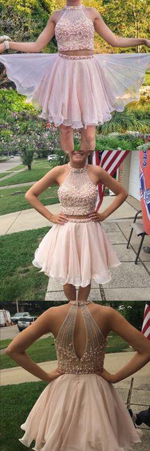 Blush Pink 2 Piece Halter Homecoming Dresses Short Prom Dresses from simidress.com