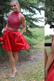 Popular Blush Red Two Piece Homecoming Dress Beaded Short Prom Dress, SH328