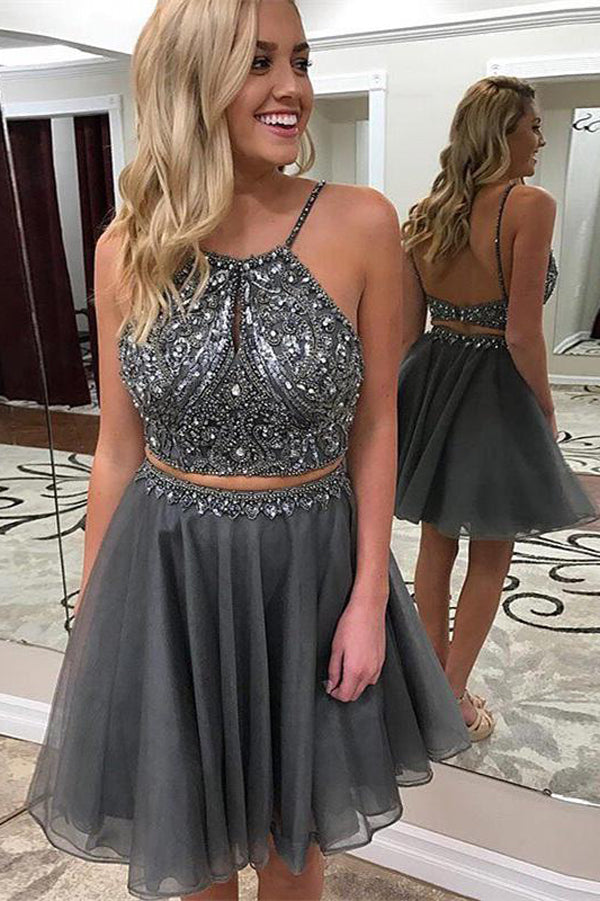 Two Piece Dark Grey Cheap Homecoming Dresses Beaded Short Prom Dresses, SH334