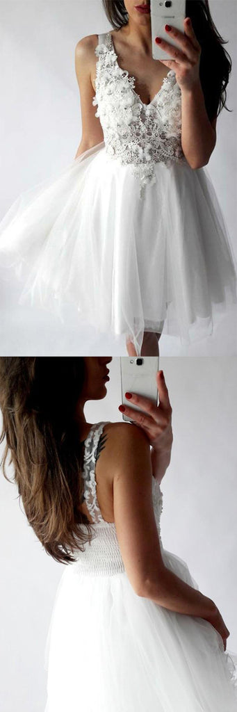 White Tulle A-line V-neck Short Prom Dress, Homecoming Dresses with Appliques, SH340 at simidress.com