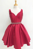 Burgundy A Line Beaded Homecoming Dresses for Junior, Short Prom Dress, SH401