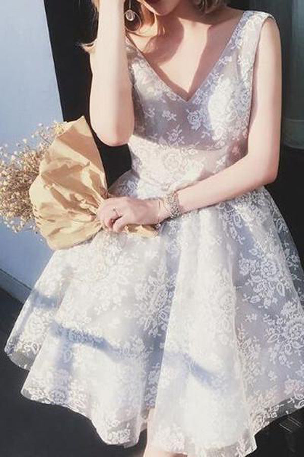 Lovely Cheap V Neck Unique Lace Short Prom Dress Homecoming Dresses, SH343