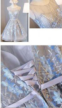 Silver Lace Homecoming Dresses Embroidered Short Prom Dress with Applique,  SH345  Simidress