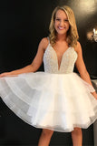Ivory Beaded Mini Organza V neck Spaghetti Strap Homecoming Dresses Short Prom Dress, SH346
