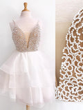 Ivory Beaded Mini Organza V neck Spaghetti Strap Homecoming Dresses Short Prom Dress from simidress.com