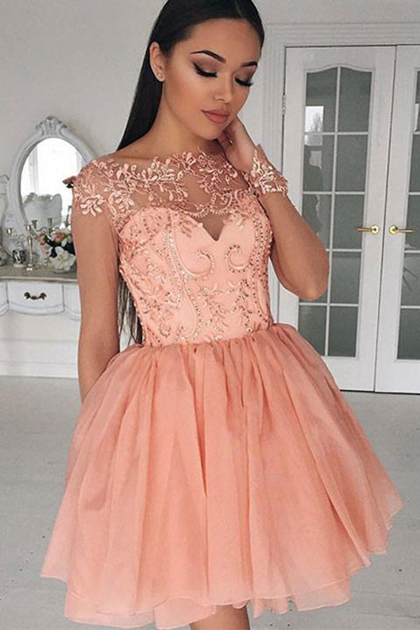 Blush Pink Short Prom Dresses Cap Sleeves Beaded Homecoming Dresses, SH349