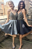 Silver Spaghetti Strap A Line V Neck Homecoming Dresses Short Prom Dress on Line, SH355