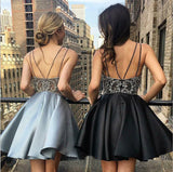 Silver Spaghetti Strap A Line V Neck Homecoming Dresses Short Prom Dress on Line|simidress.com