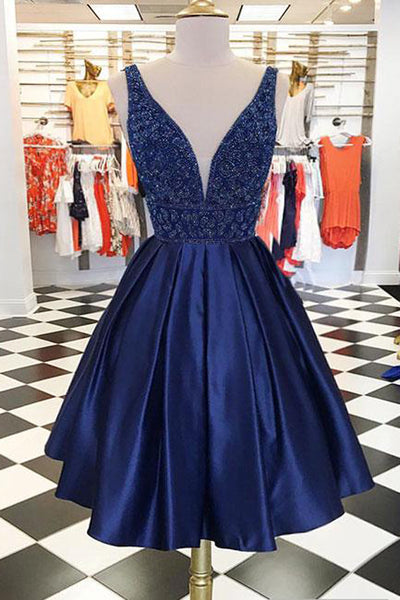 Dark Blue V neck Satin Cute Homecoming Dresses Chic Short Prom Dress, – Simidress