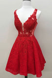 Red Lace V Neck Short A Line Skater Hoco Dress Beaded Homecoming Dress, SH358