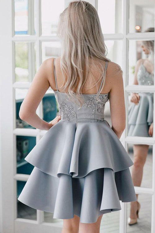Silver Grey Lace Appliqued Spaghetti Strap Vintage Mini Homecoming Dresses|simidress.com