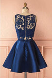 Navy Blue Two Piece Lace Homecoming Dresses Cheap Short Prom Dress|simidress.com