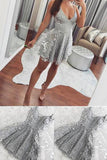 Silver Spaghetti Straps Backless V-neck Mini Lace Homecoming Dress SH369