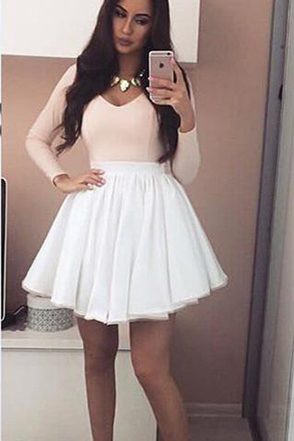 Pink V-neck Long Sleeves Mini Grad Homecoming Dress with White Skirt, SH373
