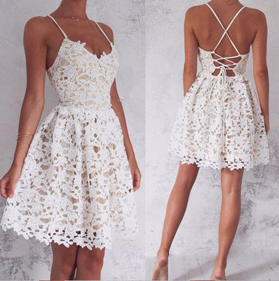 Ivory A-Line Spaghetti Straps Lace-Up Lace Short Homecoming Dress, Sweet 16 Dress at simidress.com