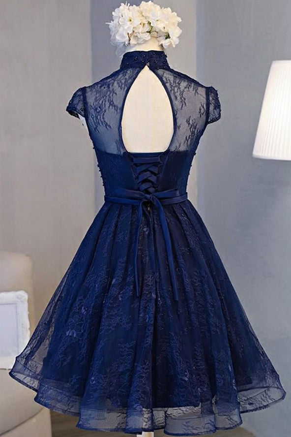 Navy Blue Lace Retro A-line High Neck Short Sleeve Knee-length Homecoming Dress at simidress.com
