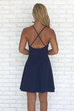 Navy Blue A-line Spaghetti Straps V-neck Backless Simple Homecoming Dresses, SH383 at simidress.com