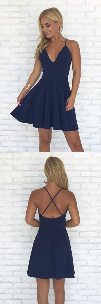 Navy Blue A-line Spaghetti Straps V-neck Backless Simple Homecoming Dresses|Simidress