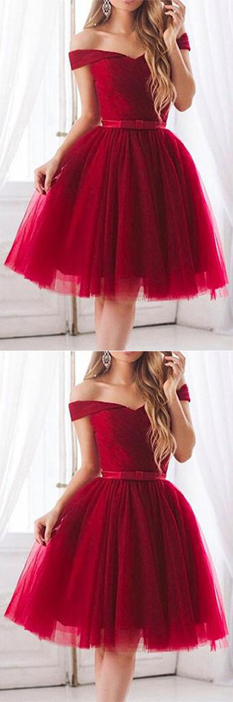 Burgundy Tulle Elegant A-Line Off Shoulder Short Homecoming Dress with Bowknot, SH389 at simidress.com