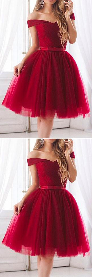 Burgundy Tulle Elegant A-Line Off Shoulder Short Homecoming Dress with Bowknot, SH389 at simidress.com