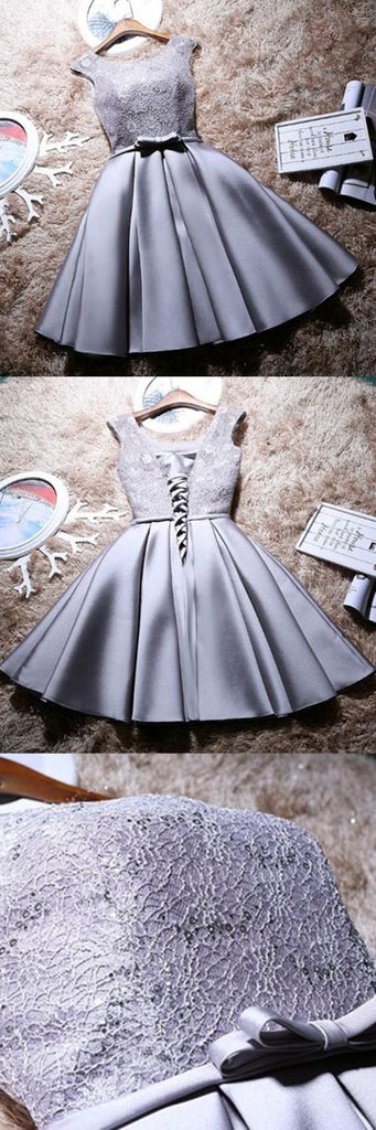 Grey Lace Satin A-Line Bateau Cap Sleeves Short Homecoming Dress with Bowknot, SH391 at simidress.com