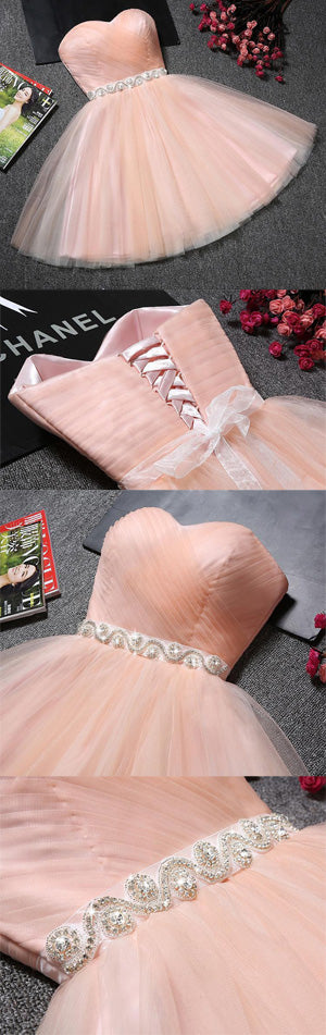 Blush Pink Tulle Strapless Sweetheart Neck Homecoming Dress, Short Prom Dresses, SH400 at simidress.com