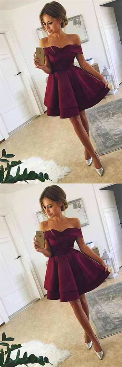 New Arrival Off-shoulder Simple Cute Homecoming Dresses Short Satin Prom Dress, SH407 at simidress.com