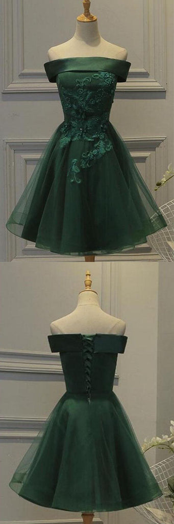Dark Green Tulle Off Shoulder A Line Homecoming Dress with Appliques of simidress.com