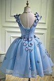 Sky Blue A Line V Neck Sleeveless Junior Homecoming Dress with Butterfly Flowers, SH415 at simidress.com