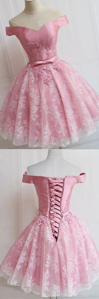 Charming Pink Off Shoulder A line homecoming dresses with Appliques, SH416 at simidress.com