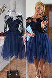 Navy Homecoming Dresses,3/4 Sleeves Short Prom Dresses,Simple Party Dresses,SH42
