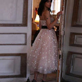 Pearl Pink Tulle Beaded A-line Spaghetti Strap Tea Length Homecoming Dresses, SH437|simidress.com