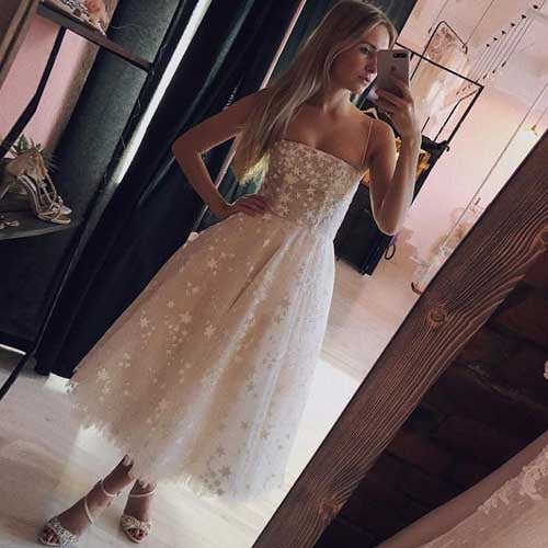 simidress.com | Pearl Pink Tulle Beaded A-line Spaghetti Strap Tea Length Homecoming Dresses, SH437