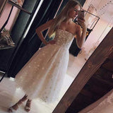 simidress.com | Pearl Pink Tulle Beaded A-line Spaghetti Strap Tea Length Homecoming Dresses, SH437