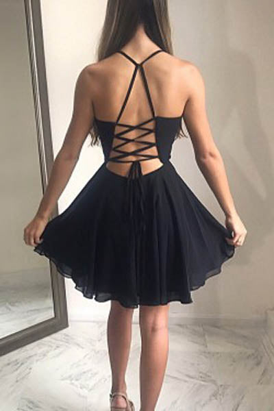 Simple Black A-Line Chiffon Spaghetti Straps Pleats Homecoming Dresses,  SH444  Simidress
