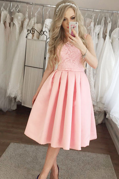 Charming Pink Lace Mid-length Modest Homecoming Dresses Wedding Guest Dress, SH448 – Simidress