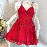 Red Lace Spaghetti Straps A-line V-neck Mini Homecoming Dresses, SH491 | homecoming dresses | short prom dresses | party dresses | graduation dresses | red prom dresses | lace homecoming dresses | simidress.com