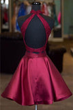simidress.com | Burgundy Two Piece A-line Halter Satin Homecoming Dresses Short Prom Dresses, SH500