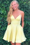 Simple Yellow A-line Satin Spaghetti Straps V-neck Homecoming Dress with Pockets, SH515